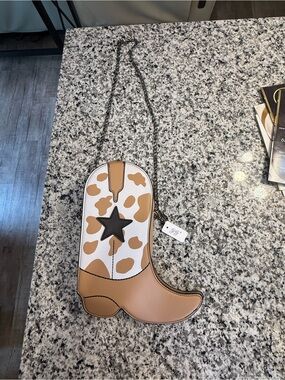 Brand new Cowprint Cowboy Boot Crossbody Bag - Tan & White with Black Star 12"